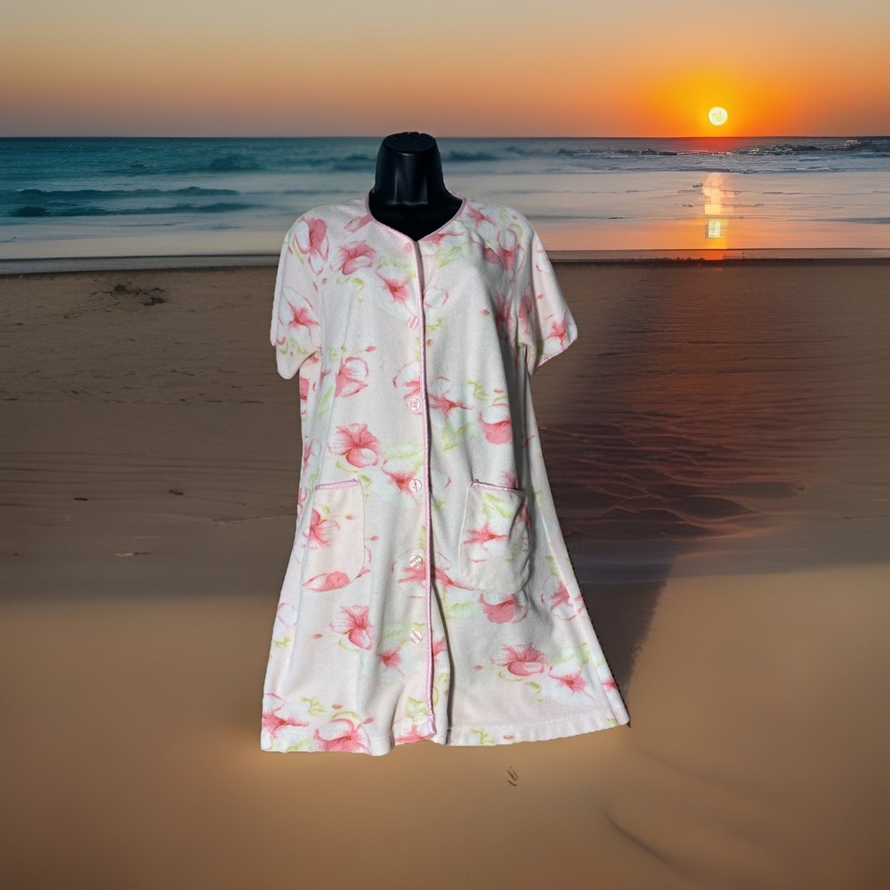 Calypso Women's Robe Small Terrycloth Pink Floral Housecoat Beach Pool Button - Picture 1 of 5